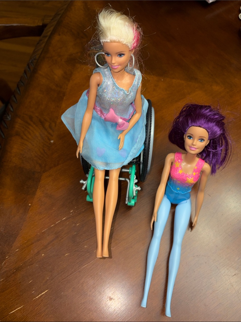 Barbie Dolls with Purple Hair, Blonde & Pink Accents, Blue Outfits